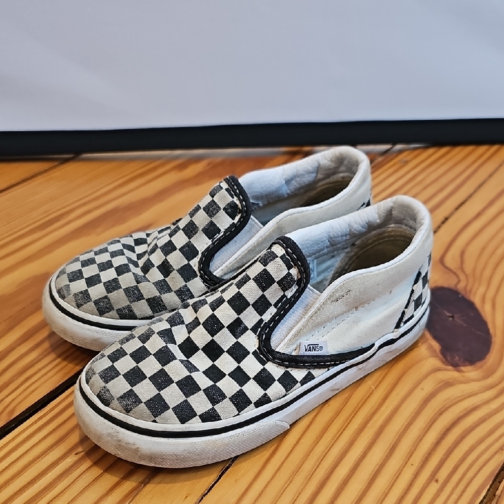 Vans Kid's Checkered Slip-On Shoes - Black and White, Size 10
